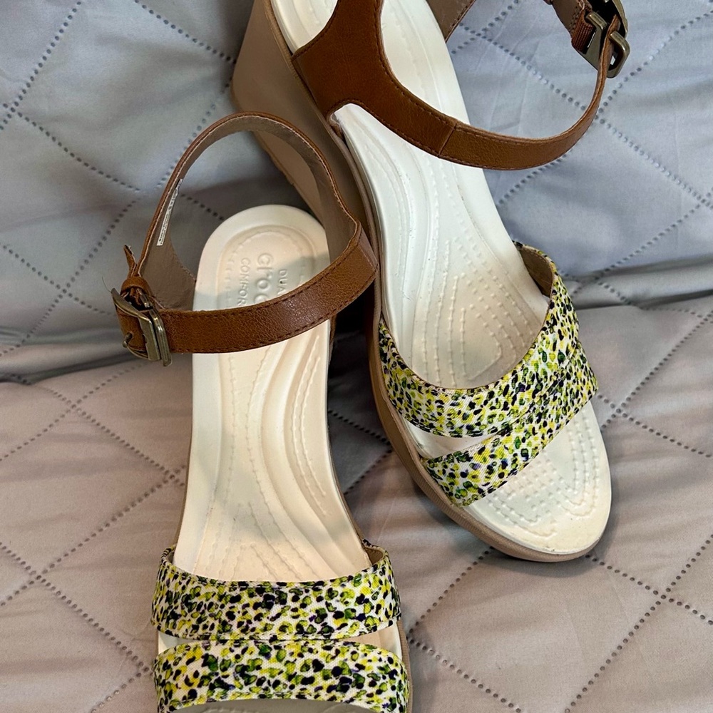 Chic Brown and Yellow Wedge Sandals